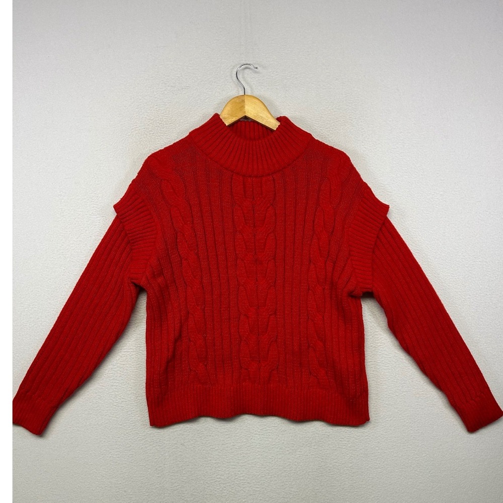 Cozy Holiday Time and Tru Womens L Red Cable Knit Mock Neck Ruffle Sweater